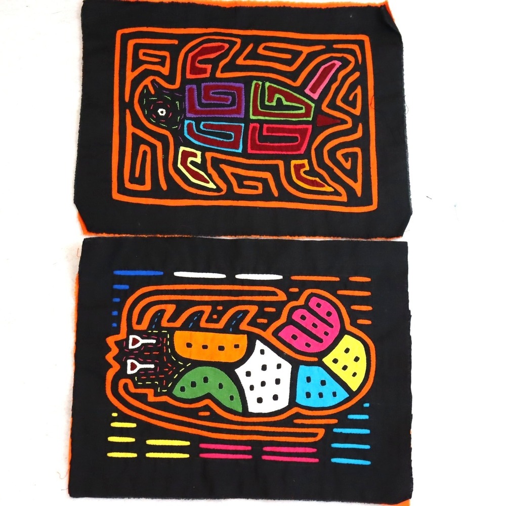 Vintage Kuna Mola Textile Panels Pair Folk Art Animals